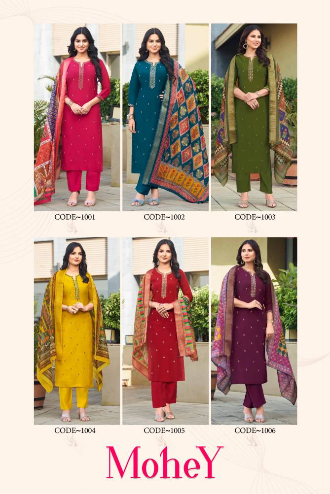 Mohey By Ossm Roman Silk Embroidery Kurti With Bottom Dupatta Wholesale Shop In Surat